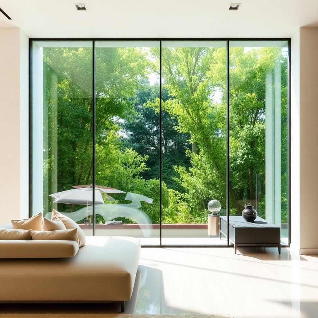 Spotless floor-to-ceiling glass with garden view after professional cleaning