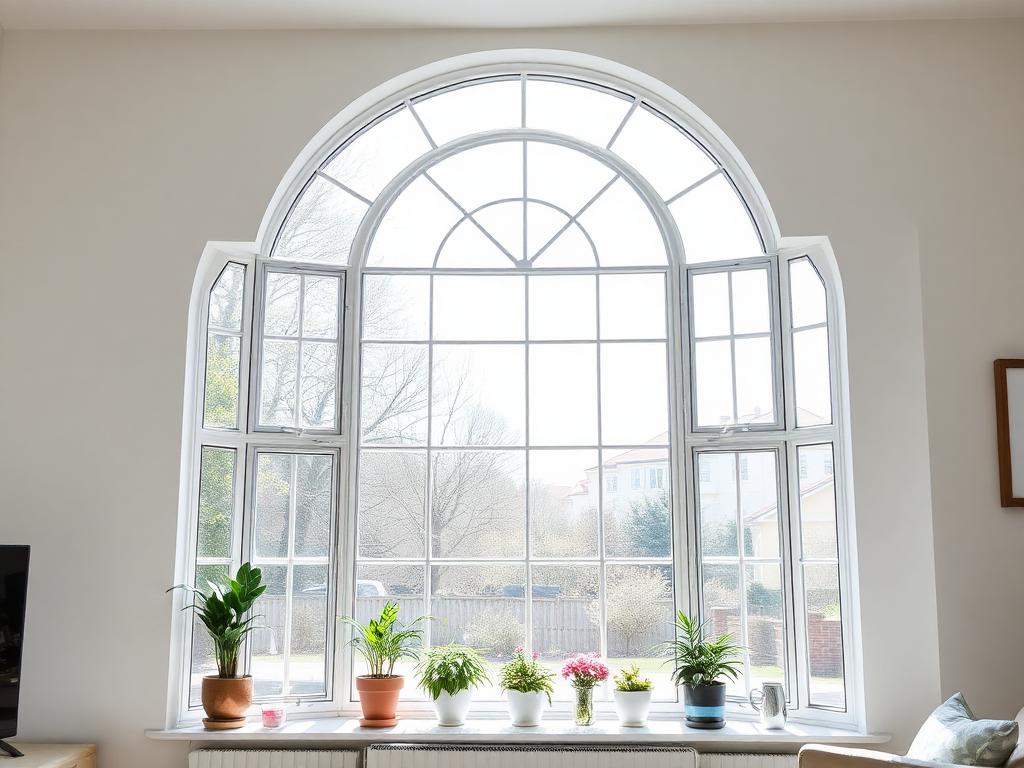 Spotless arched bay window seen from inside a living room after professional cleaning