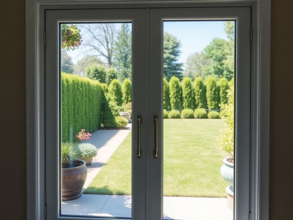 Spotless glass patio door with backyard view after professional cleaning