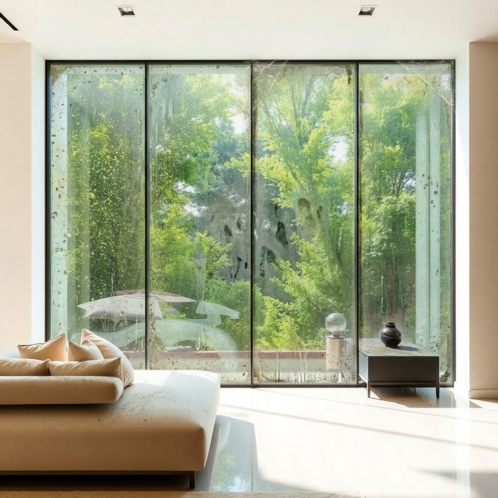 Dirty floor-to-ceiling glass with garden view before professional cleaning
