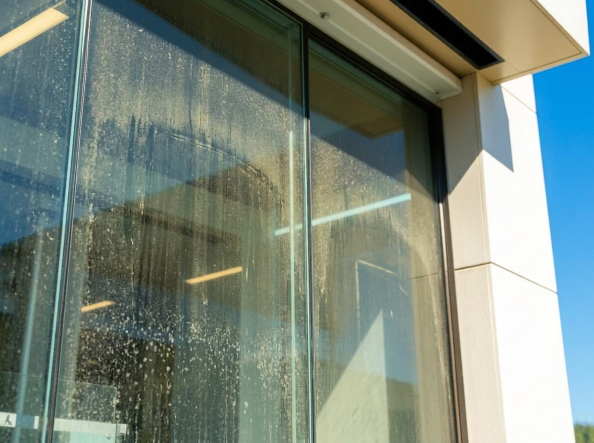 Dirty commercial storefront glass before professional cleaning