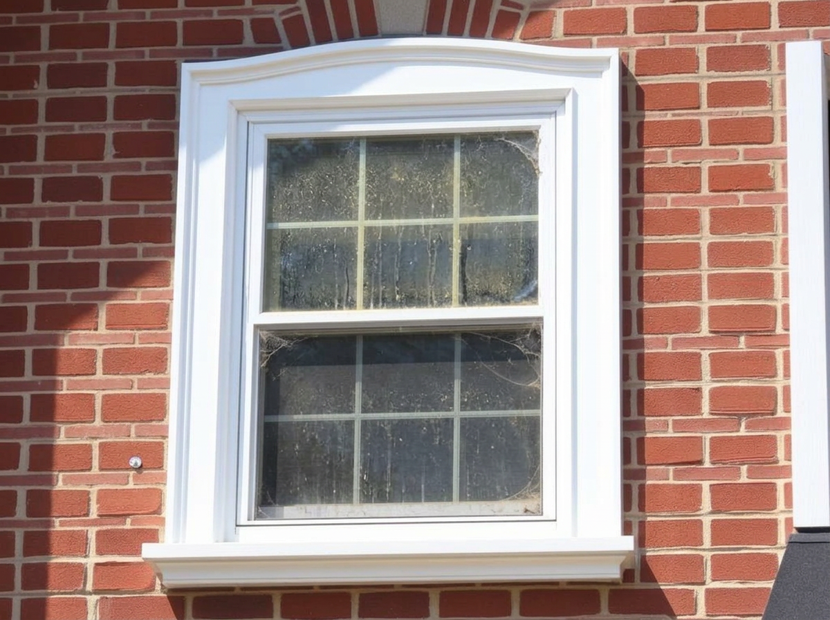 Dirty second-story window on a brick home before professional cleaning