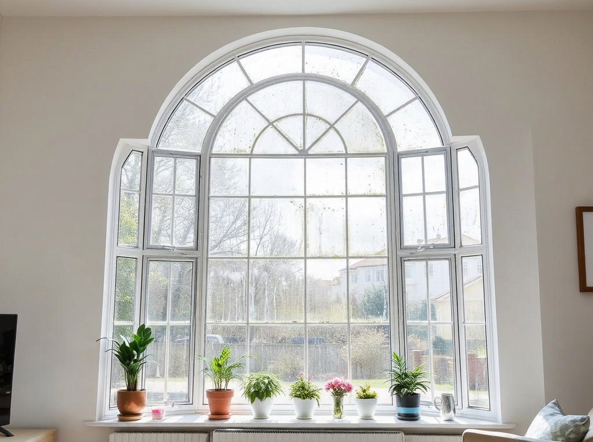 Dirty arched bay window seen from inside a living room before professional cleaning