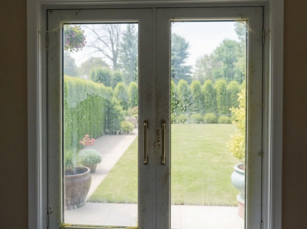 Dirty glass patio door with backyard view before professional cleaning